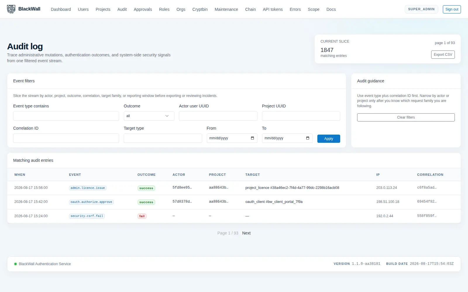 The audit log screen listing events by timestamp with event type, outcome, actor, project, target, source IP address and correlation identifier, with filters across the top and paginated results.