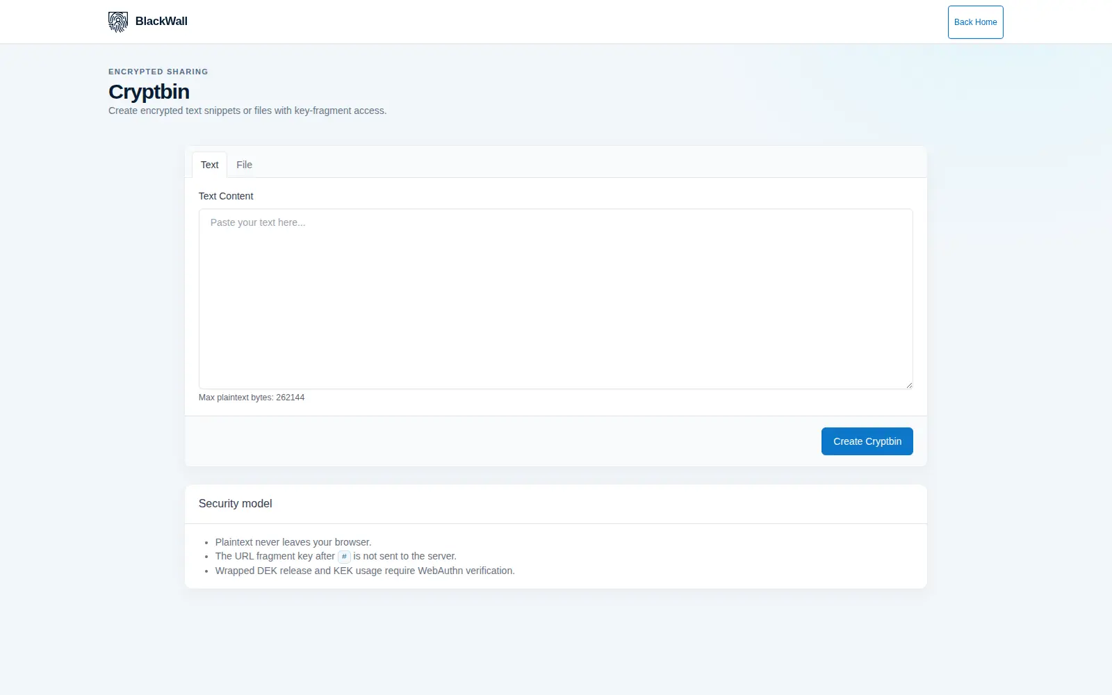 The Cryptbin creation screen offering a choice of text or file content, with size limits, expiry options and a create button, ready to encrypt in the browser.