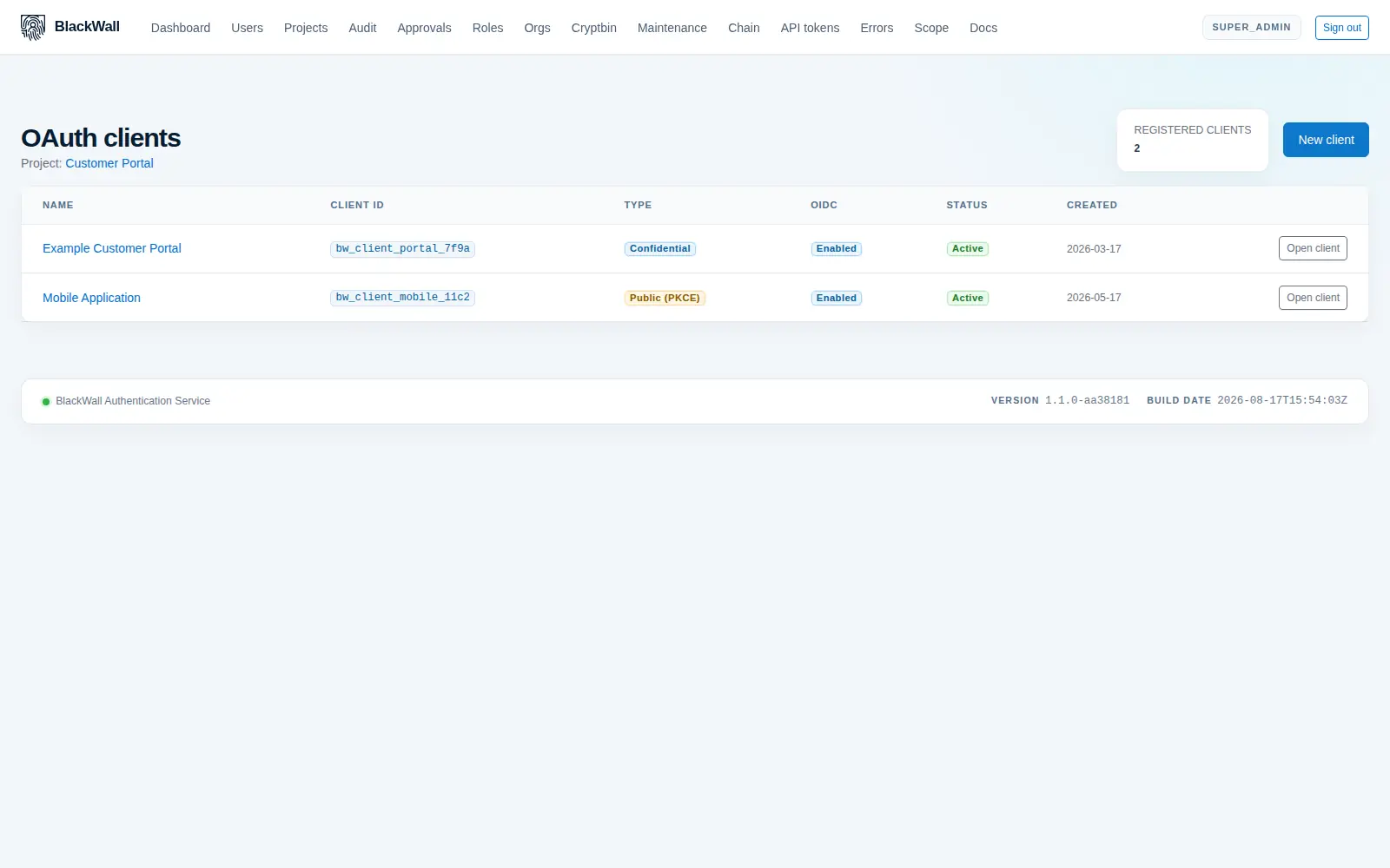 The OAuth client registry for a project, listing each client by name and public identifier, whether it is confidential, whether OpenID Connect is enabled, its status and when it was created.
