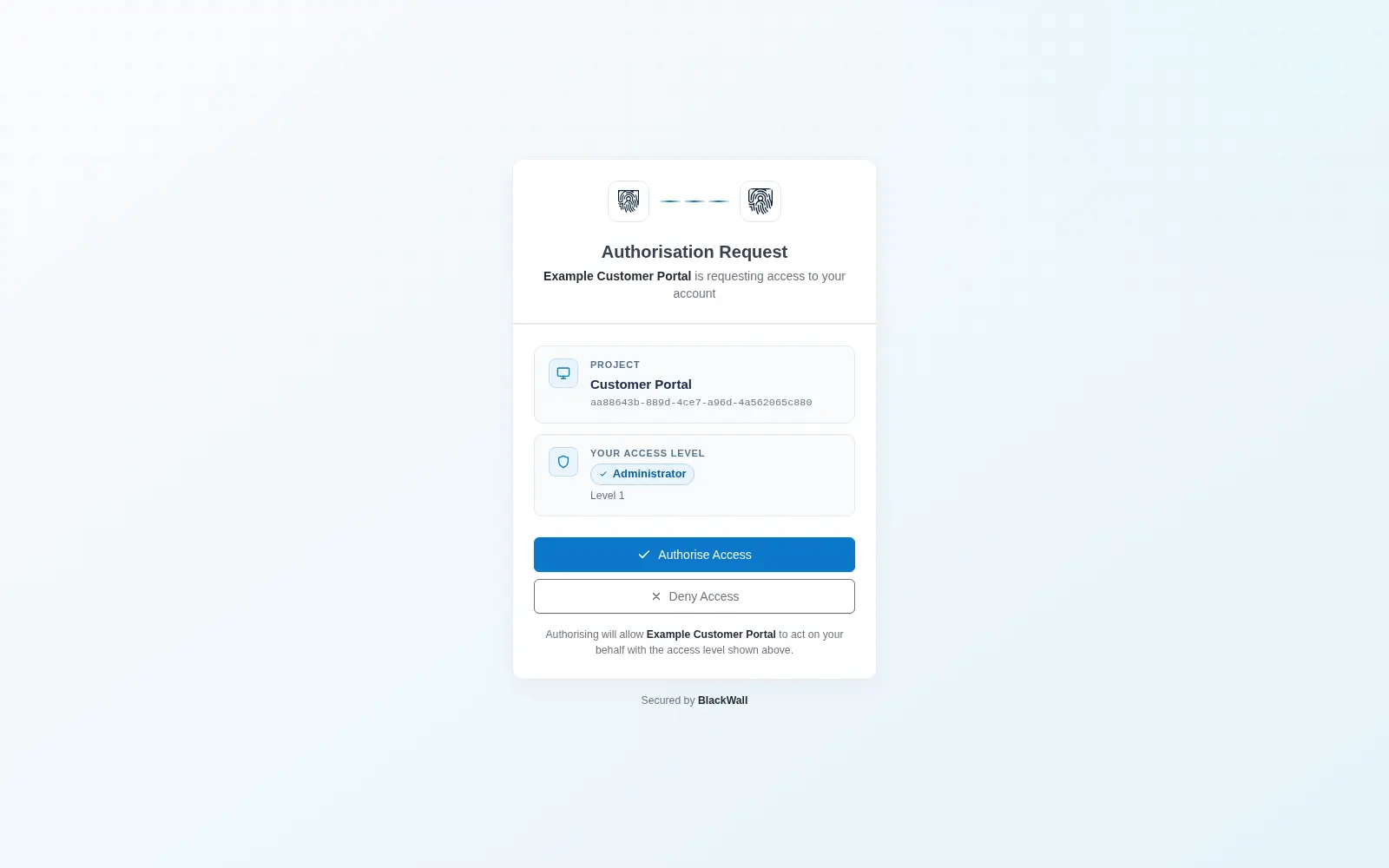 The OAuth authorisation consent screen naming the requesting client application, the project it belongs to, the privilege level being granted and the requested scopes, with approve and deny controls.